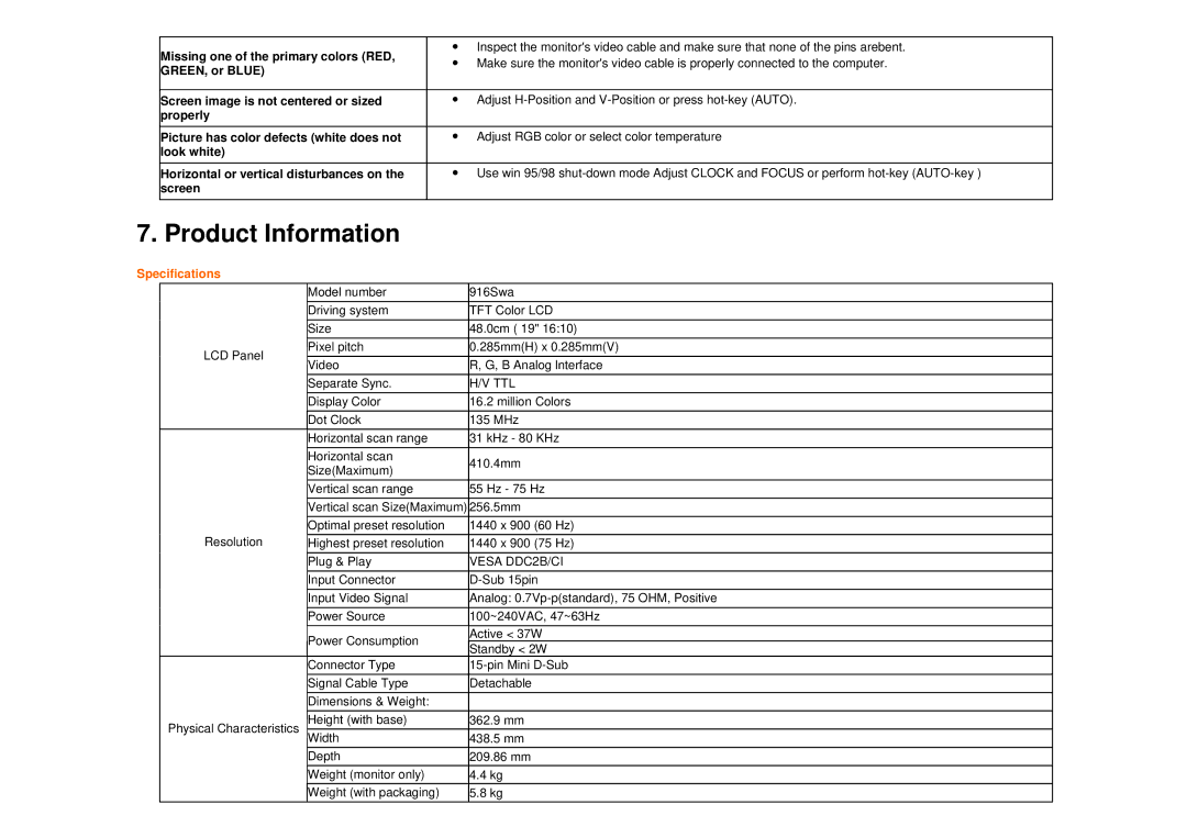 AOC 916SWA user manual Product Information, Specifications 