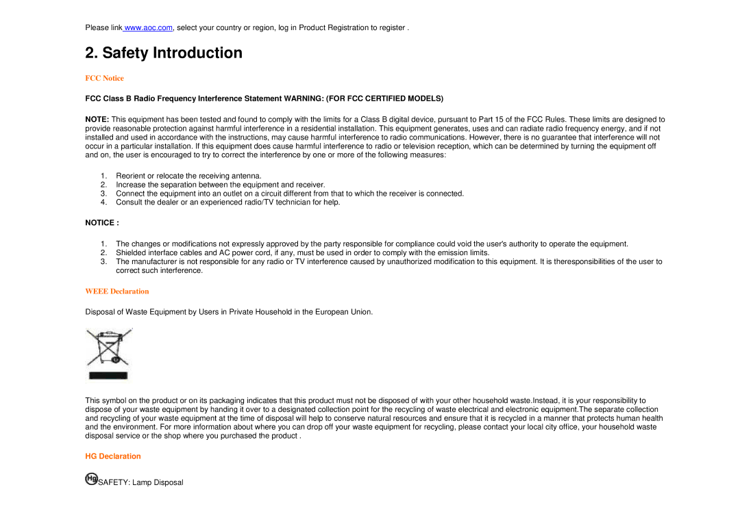 AOC 916SWA user manual Safety Introduction, HG Declaration 