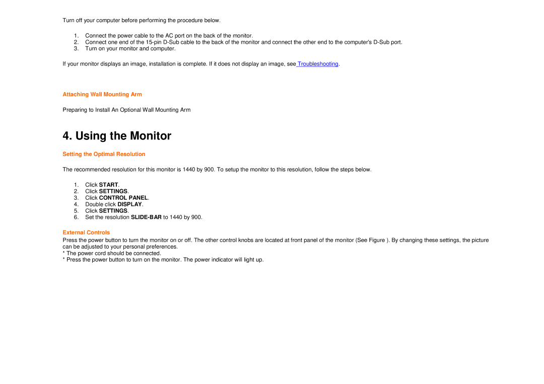 AOC 916SWA user manual Using the Monitor, Attaching Wall Mounting Arm, Setting the Optimal Resolution, External Controls 