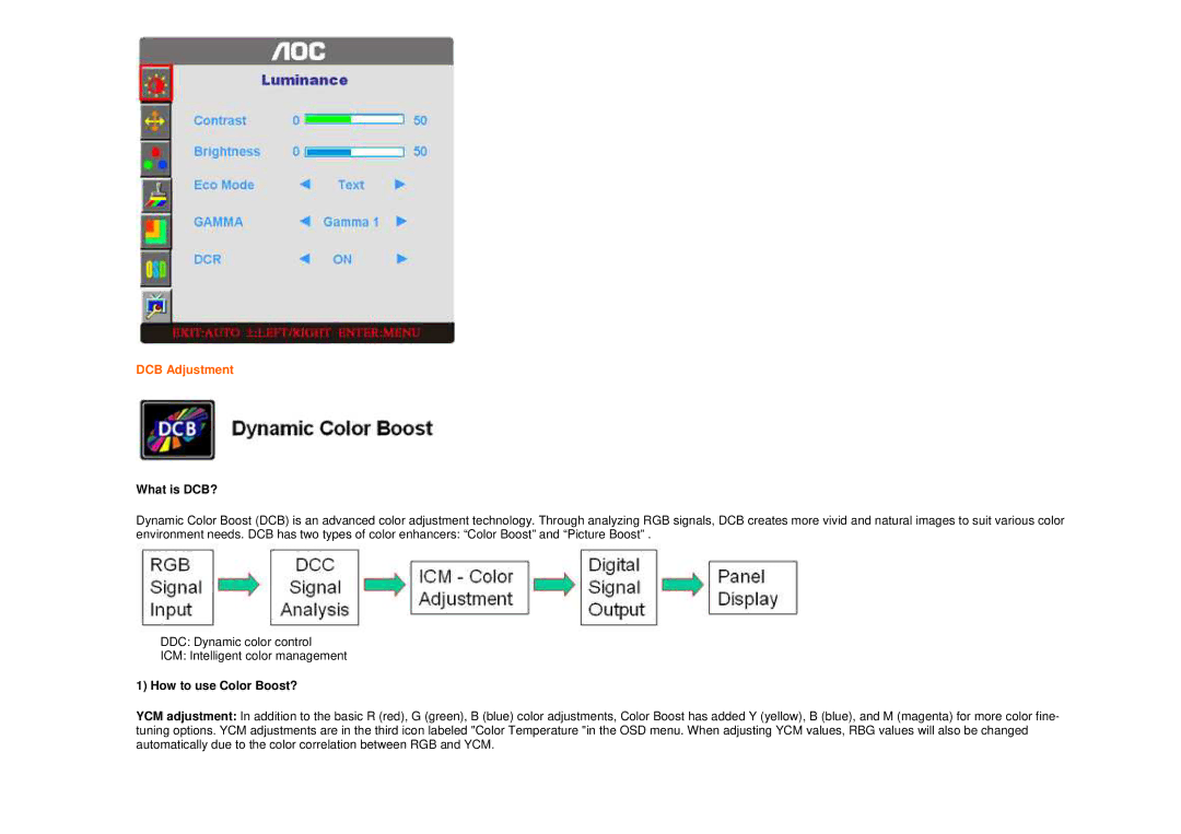 AOC 916SWA user manual DCB Adjustment, What is DCB?, How to use Color Boost? 