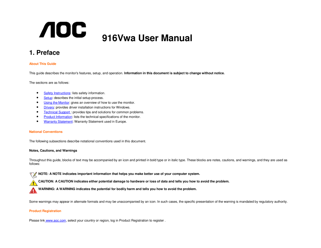 AOC 916VWA user manual Preface, About This Guide, National Conventions, Product Registration 