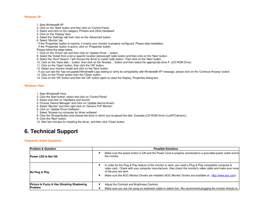 AOC 916VWA user manual Technical Support, Windows XP, Windows Vista, Frequently Asked Questions 