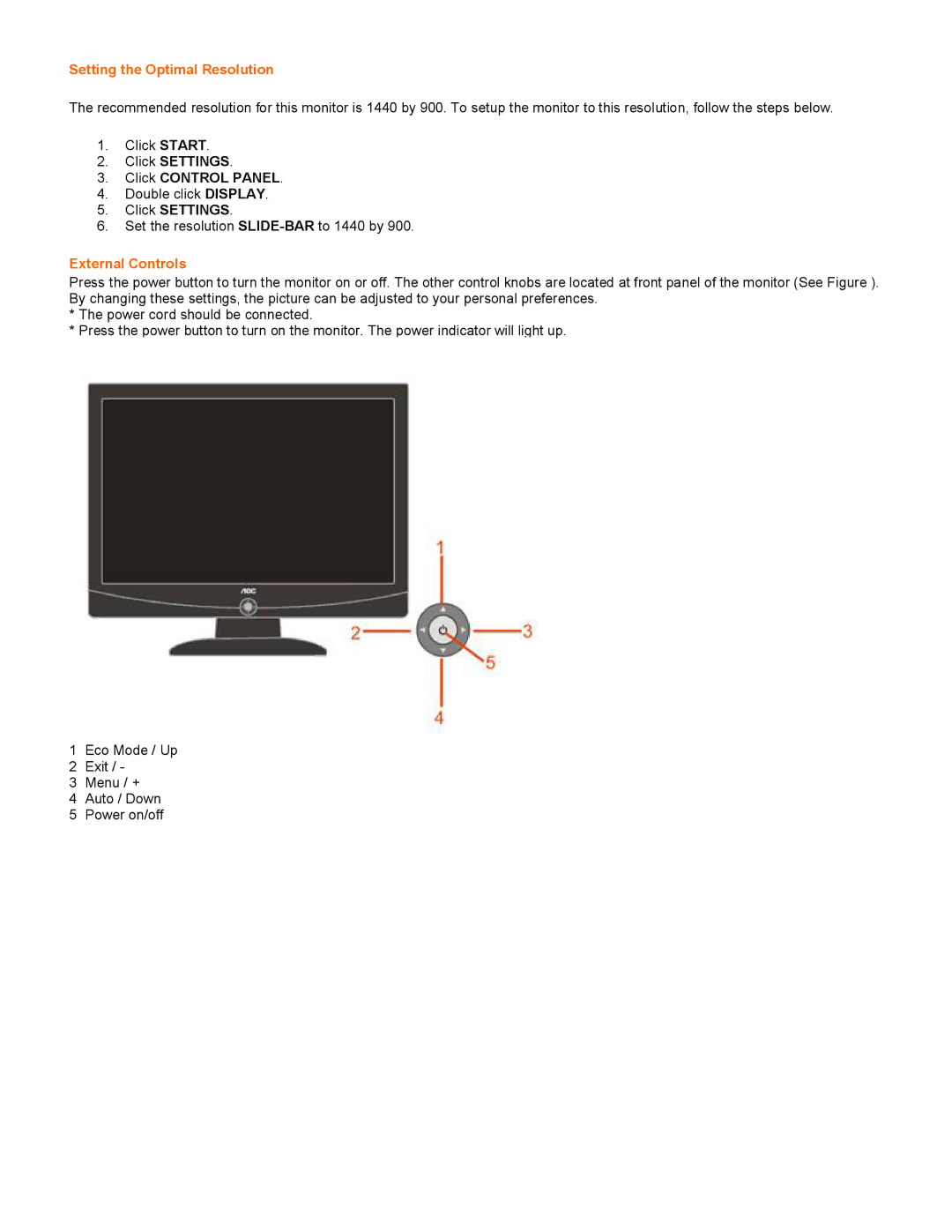 AOC 917SW installation instructions Setting the Optimal Resolut, External Controls 