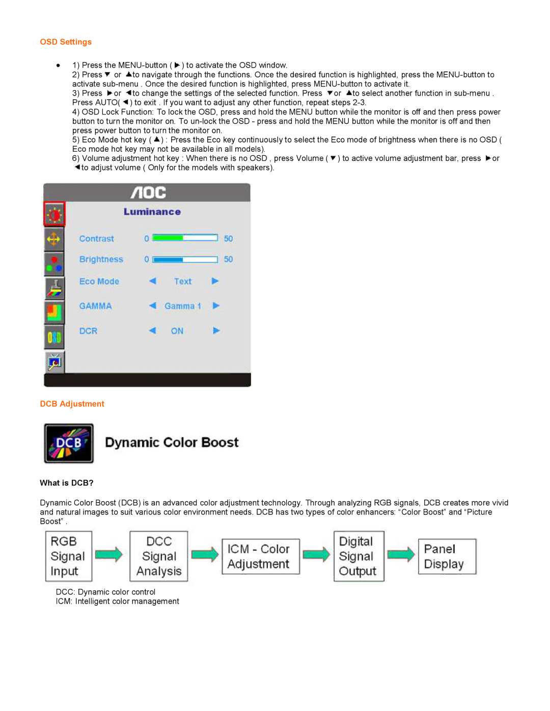 AOC 917SW installation instructions OSD Settings, DCB Adjustment 