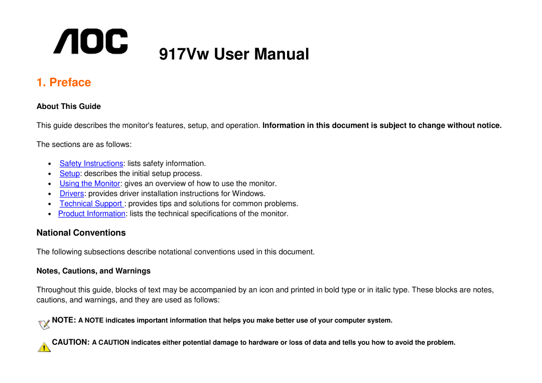 AOC 917VW user manual Preface, About This Guide 