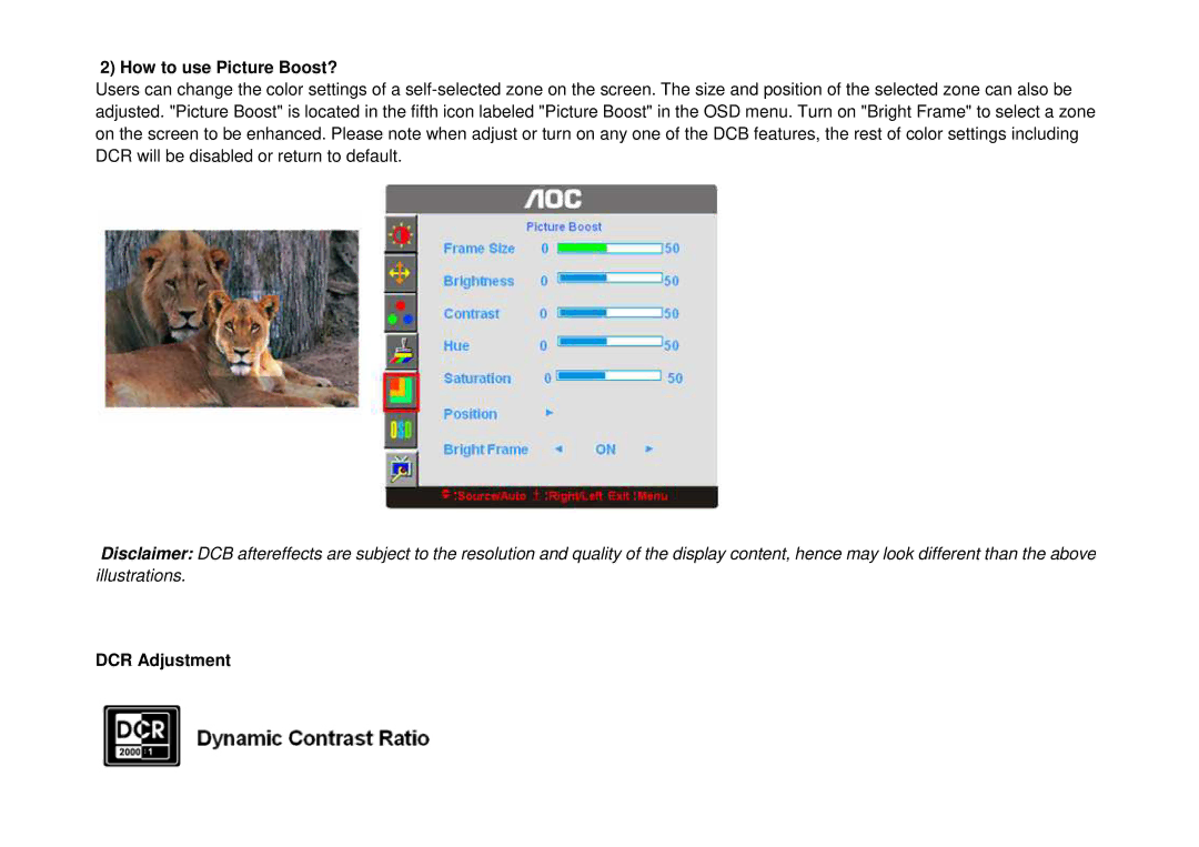 AOC 917VW user manual How to use Picture Boost?, DCR Adjustment 