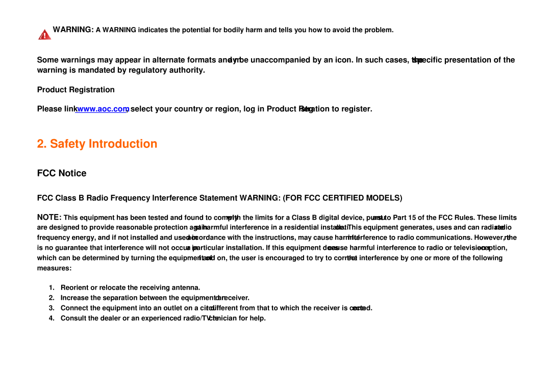 AOC 917VW user manual Safety Introduction, Product Registration 