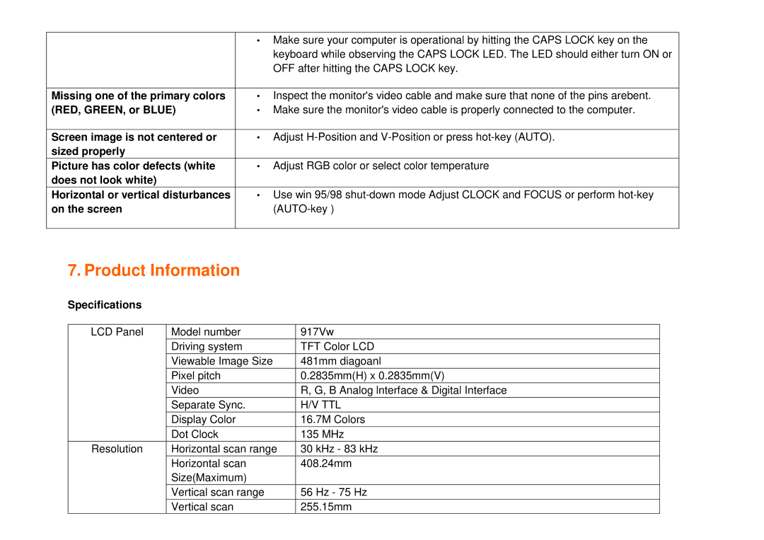 AOC 917VW user manual Product Information 