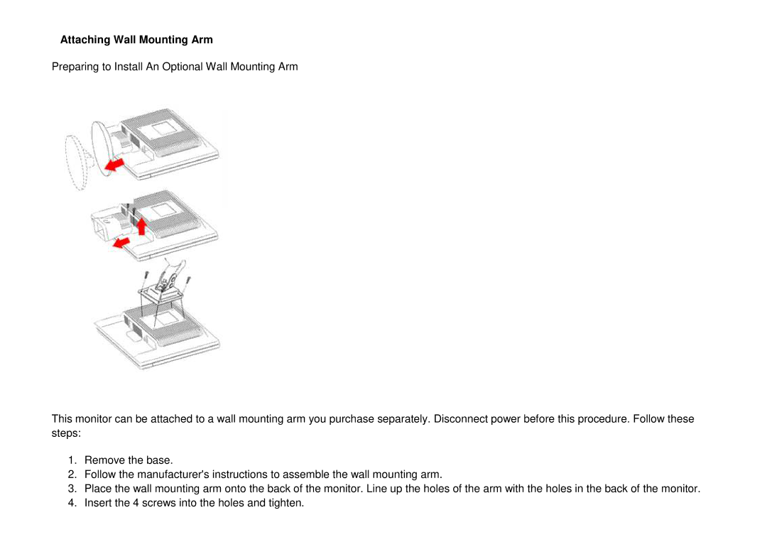 AOC 917VW user manual Attaching Wall Mounting Arm 