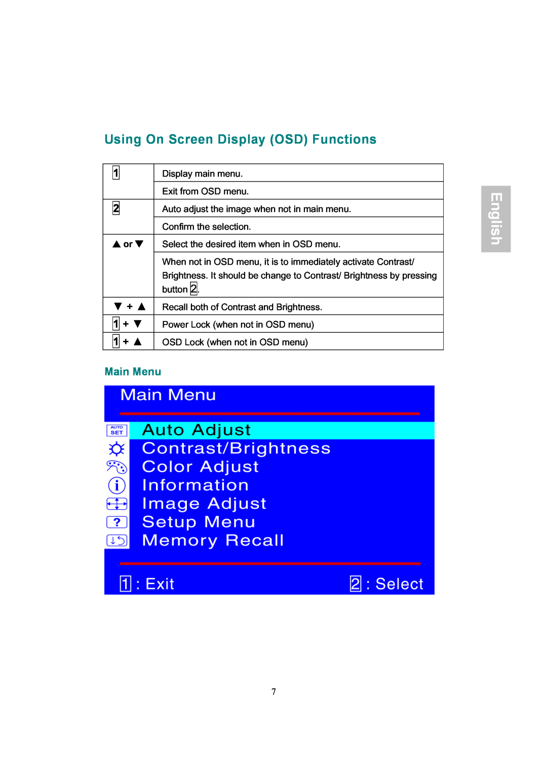 AOC 919Sw-1 manual Using On Screen Display OSD Functions, Main Menu, English, V or W 