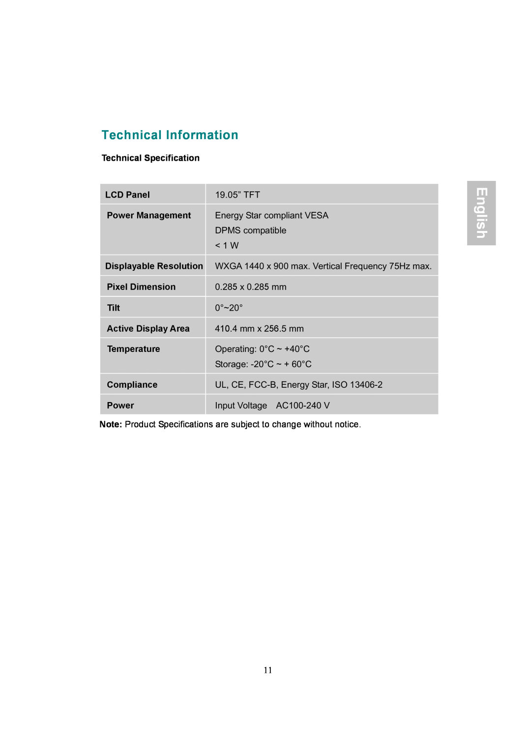 AOC 919Sw-1 Technical Information, English, Technical Specification, LCD Panel, 19.05” TFT, Temperature, Compliance, Power 