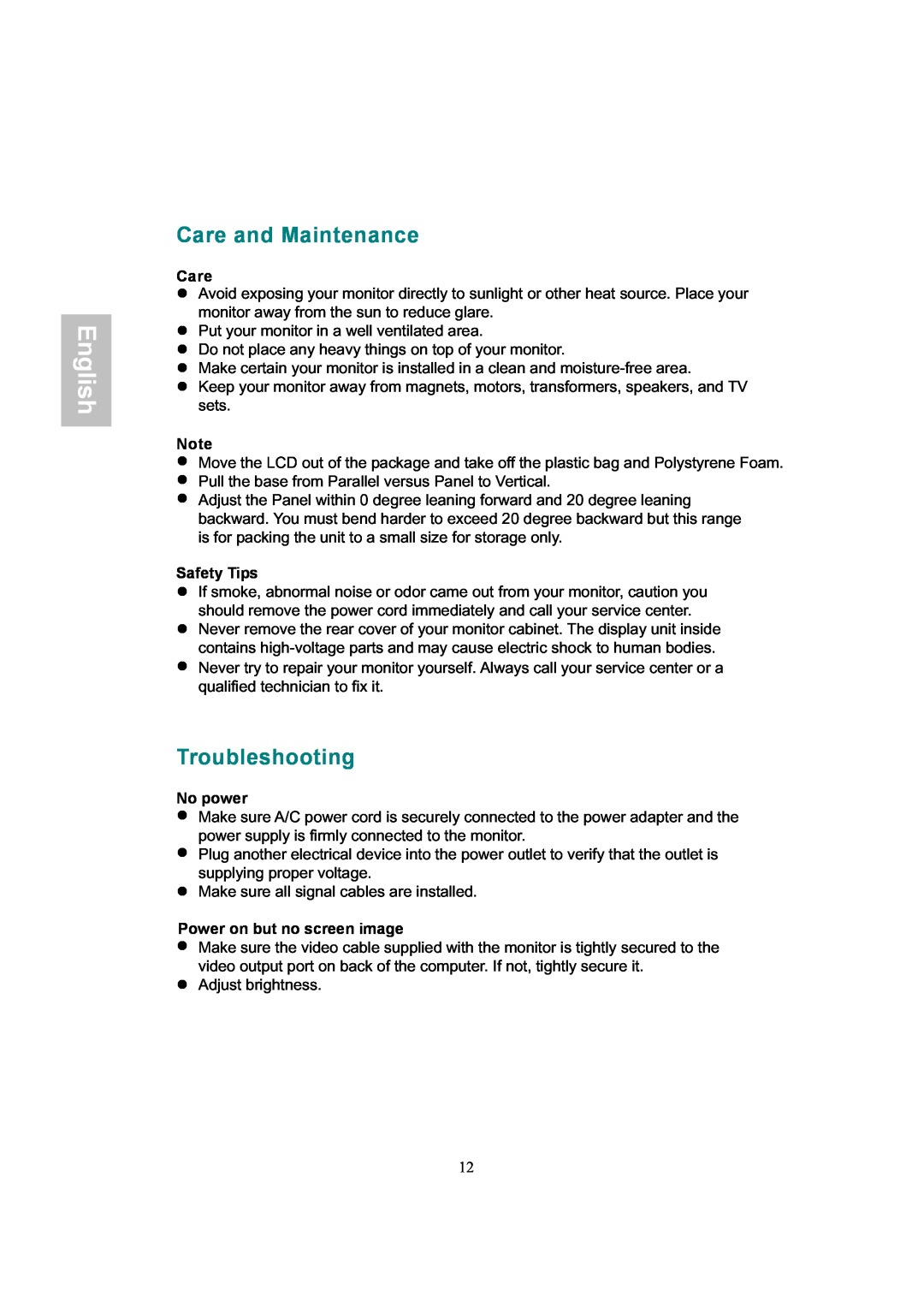 AOC 919Sw-1 manual Care and Maintenance, Troubleshooting, English, Safety Tips, No power, Power on but no screen image 