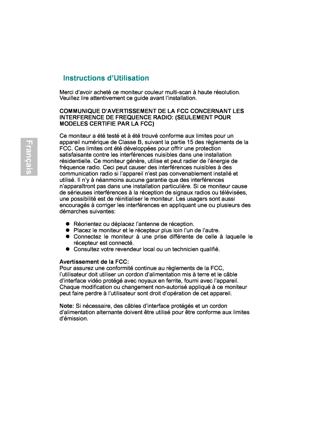 AOC 919Sw-1 manual Français, Instructions d’Utilisation, Avertissement de la FCC 