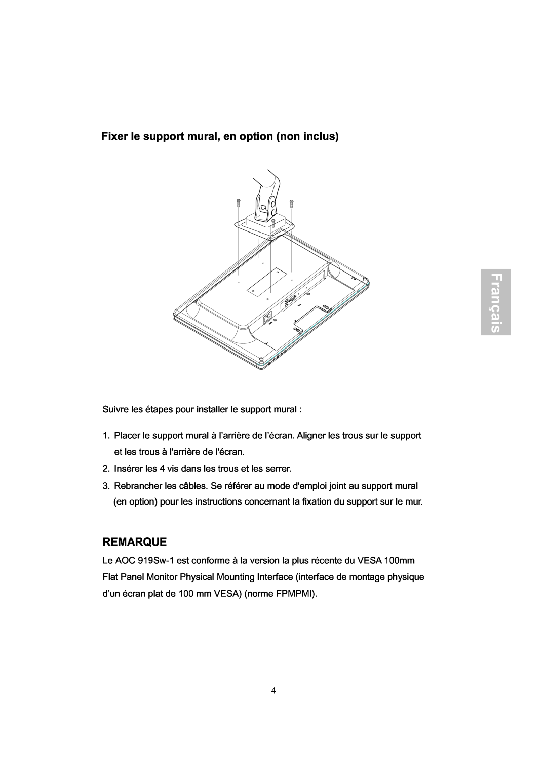 AOC 919Sw-1 manual Fixer le support mural, en option non inclus, Remarque, Français 