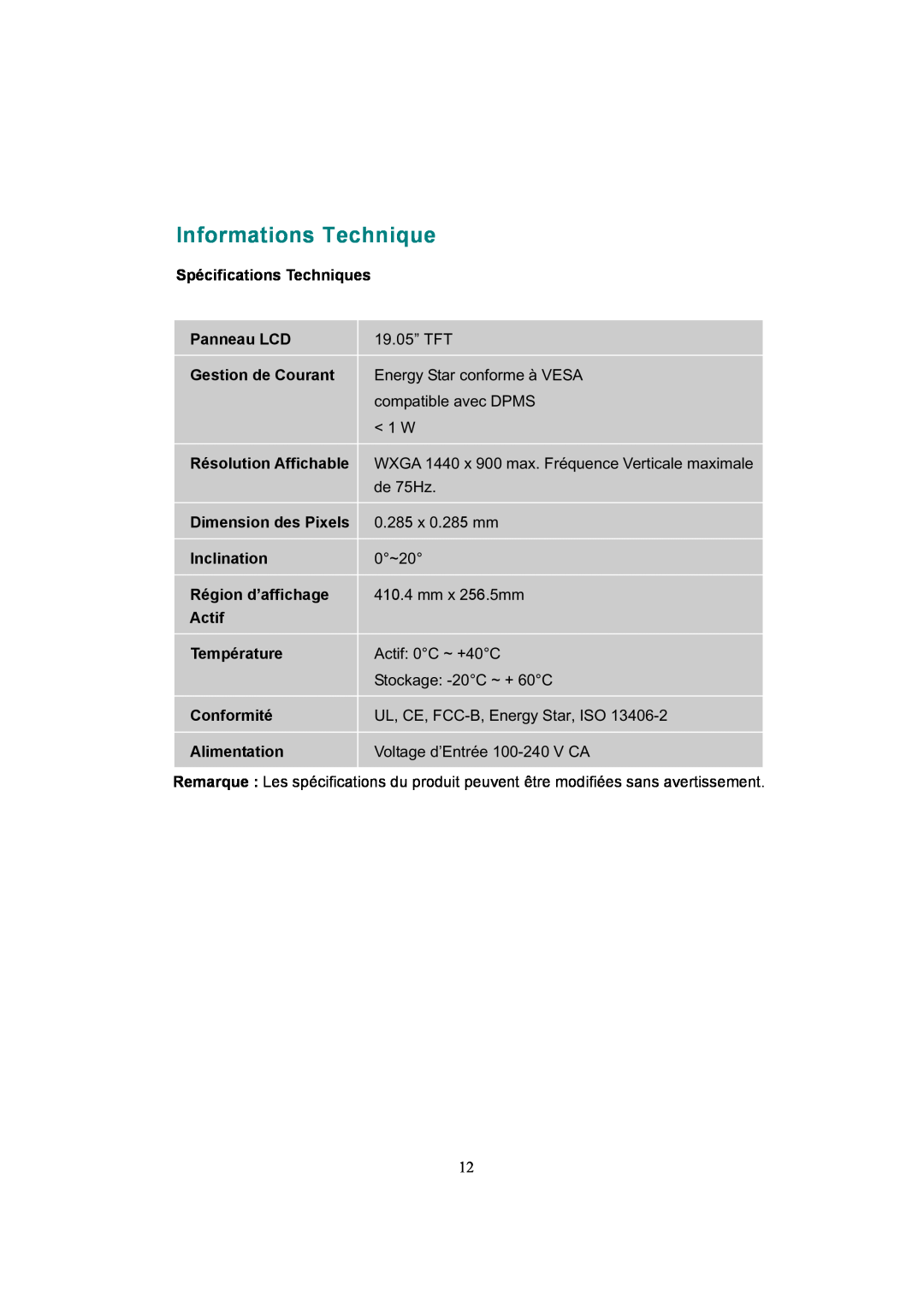 AOC 919Sw-1 manual Informations Technique, Spécifications Techniques, Panneau LCD, 19.05” TFT, Région d’affichage Actif 