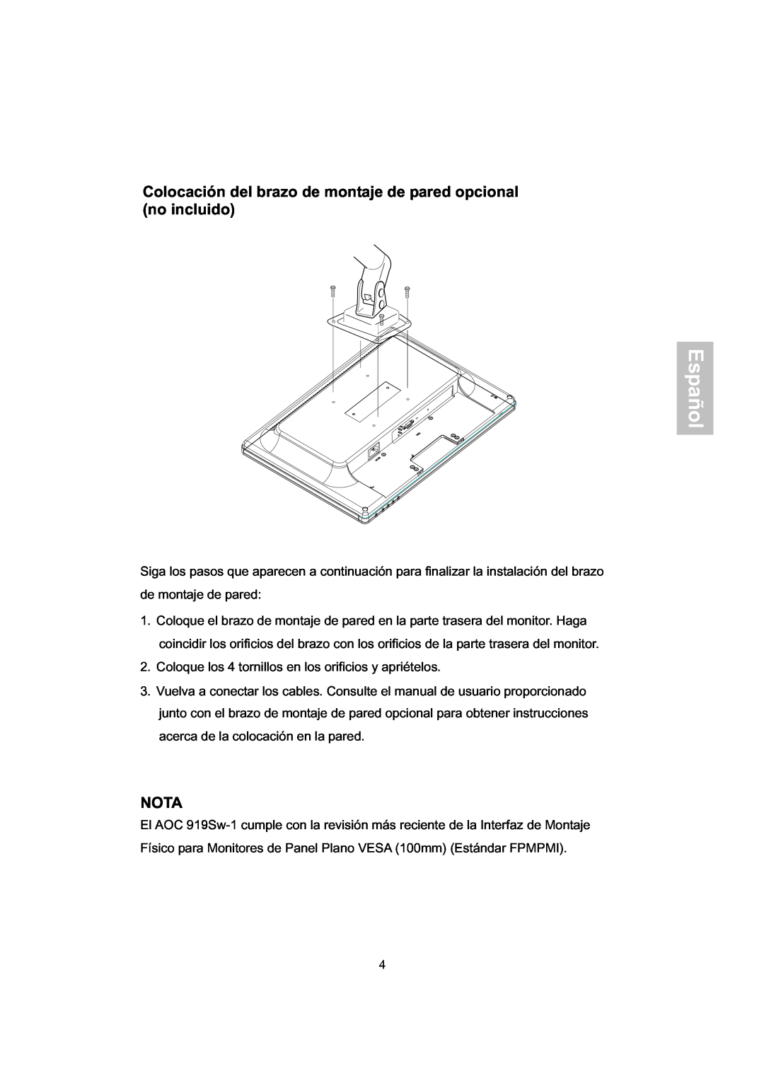 AOC 919Sw-1 manual Colocación del brazo de montaje de pared opcional no incluido, Nota, Español 