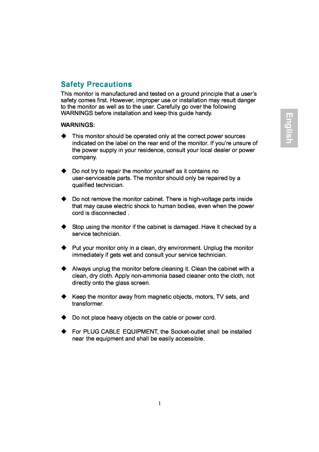 AOC 919Sw-1 manual Safety Precautions, English, Warnings 