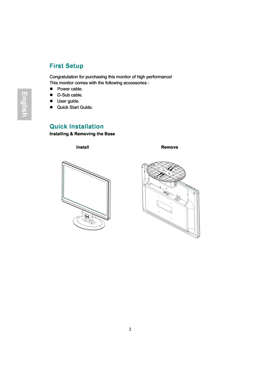 AOC 919Sw-1 manual First Setup, Quick Installation, English, Installing & Removing the Base, Remove 