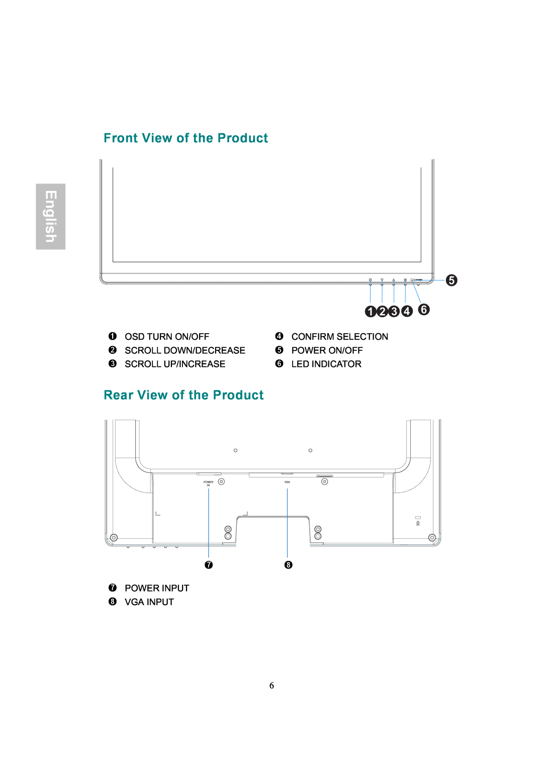 AOC 919Sw-1 manual Front View of the Product, Rear View of the Product, English 