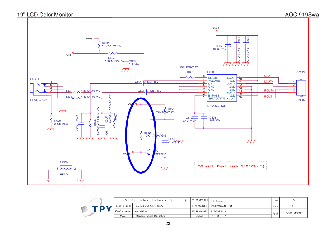 AOC 919SWA manual IC with Heat-sink90G6295-3 