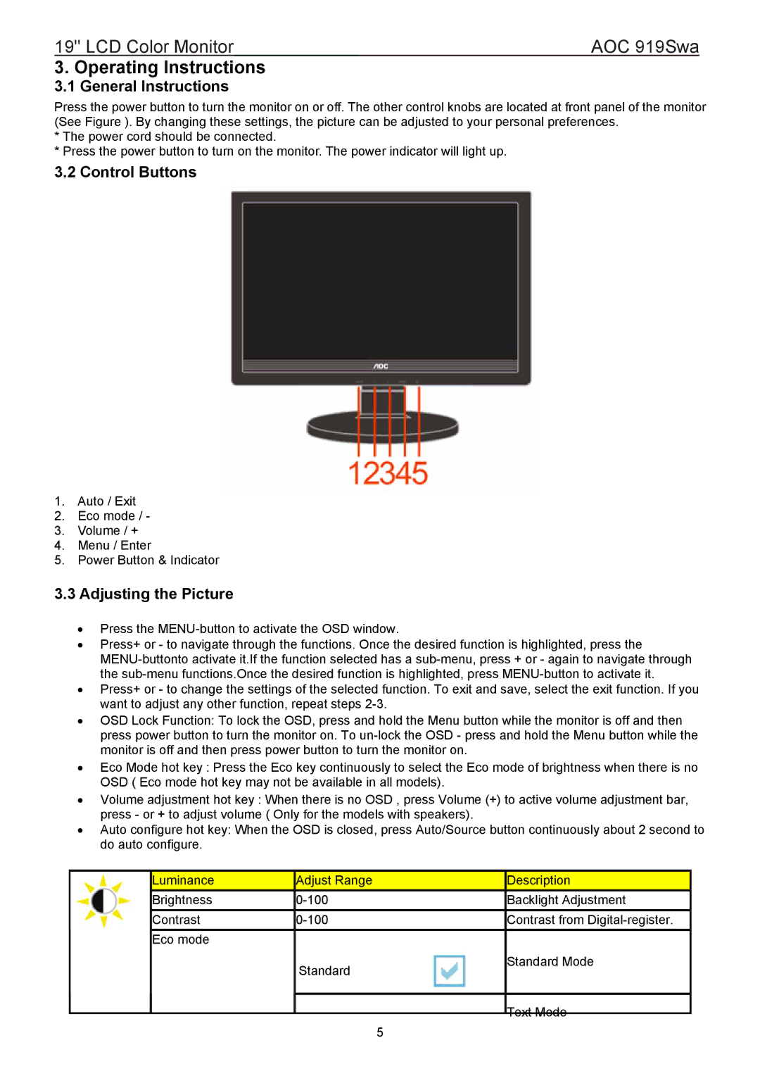 AOC 919SWA manual Operating Instructions, General Instructions, Control Buttons, Adjusting the Picture 