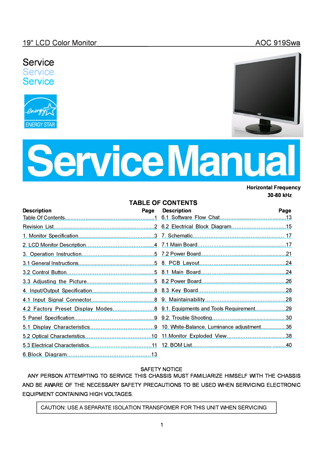 AOC 919SWA manual LCD Color Monitor, AOC 919Swa, Table Of Contents, Service 