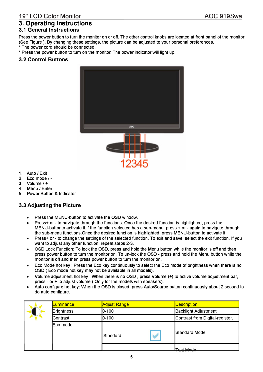 AOC 919SWA manual Operating Instructions, General Instructions, Control Buttons, Adjusting the Picture, LCD Color Monitor 