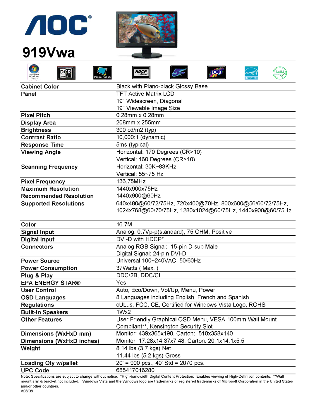 AOC 919Vwa dimensions DDC/2B, DDC/CI 