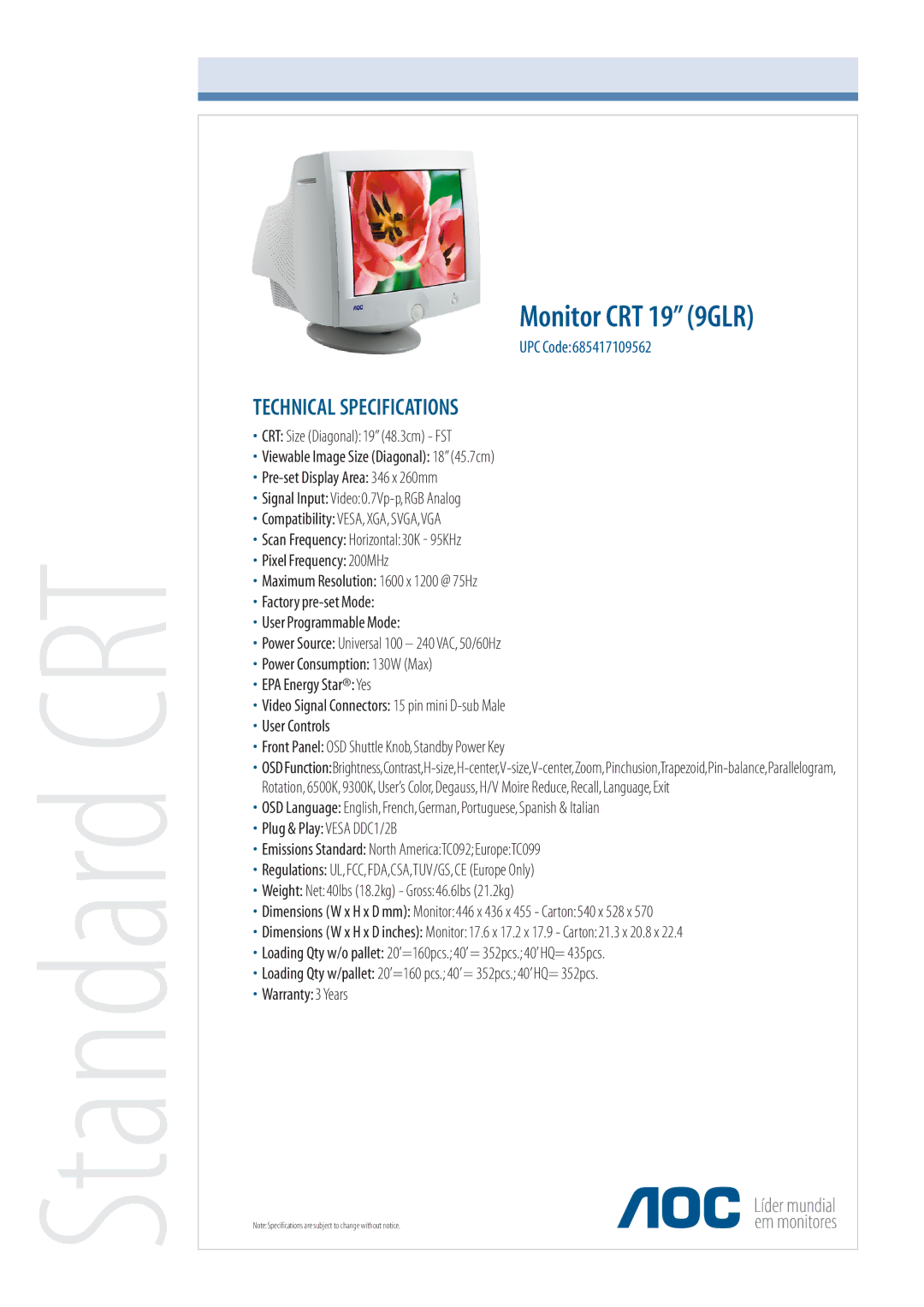 AOC technical specifications Standard CRT, Monitor CRT 19 9GLR, Technical Specifications 