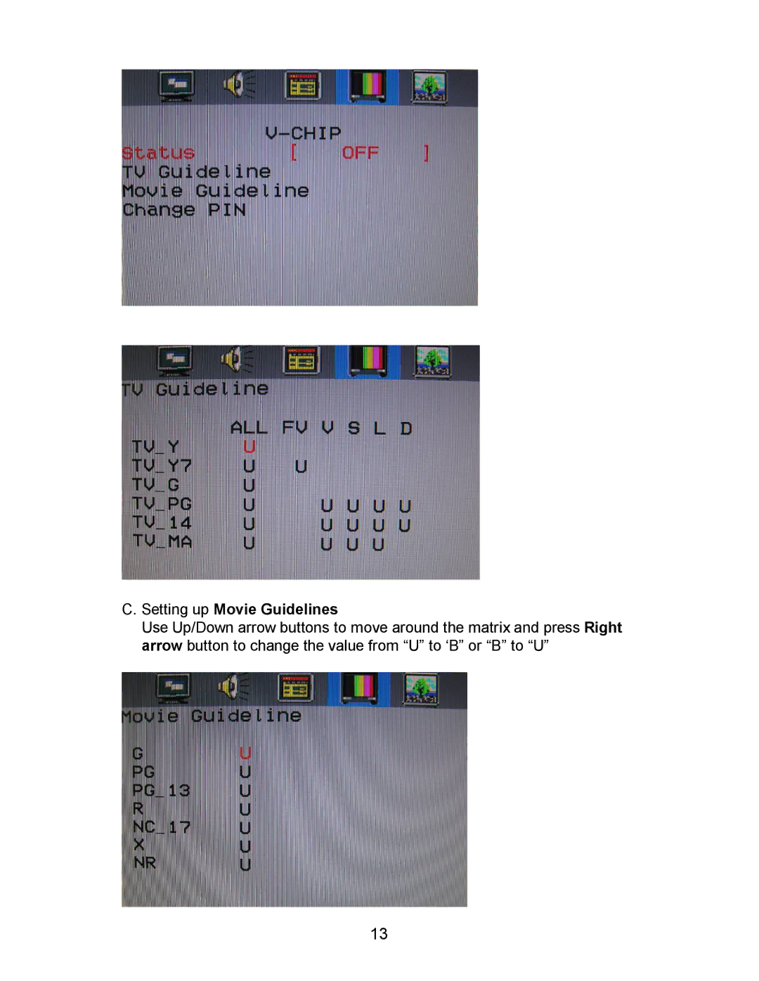 AOC A17UX231 user manual Setting Movieup Guidelines 