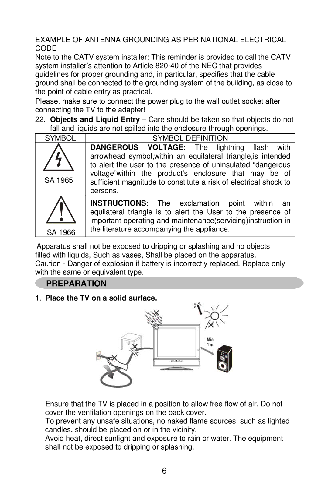 AOC A20S431 manual Preparation, Place the TV on a solid surface 