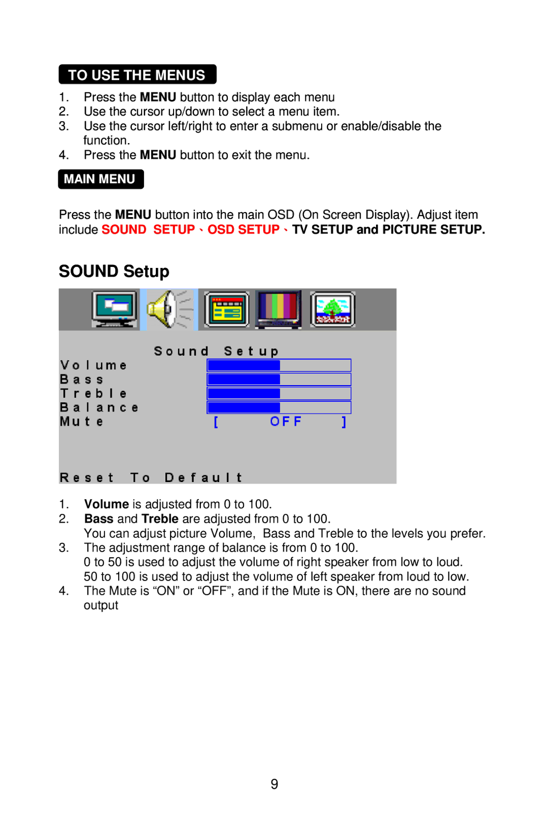 AOC A20S431 manual Sound Setup, To USE the Menus 