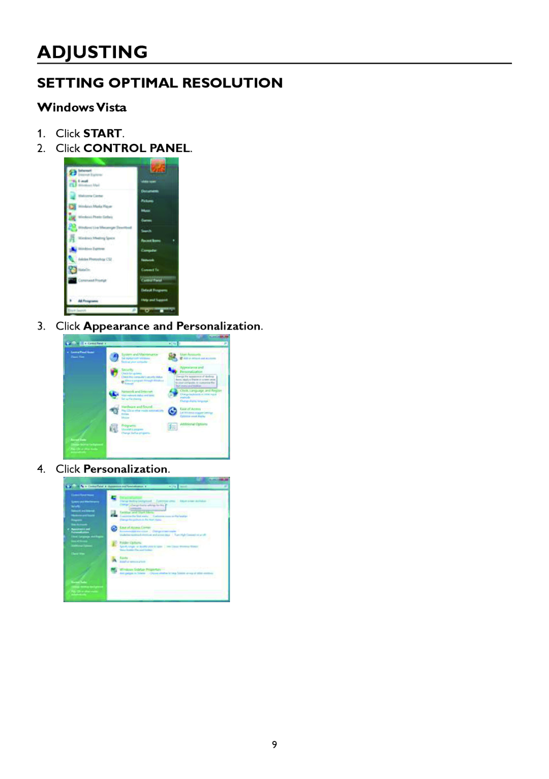 AOC A2258P user manual Adjusting, Setting Optimal Resolution, Windows Vista 