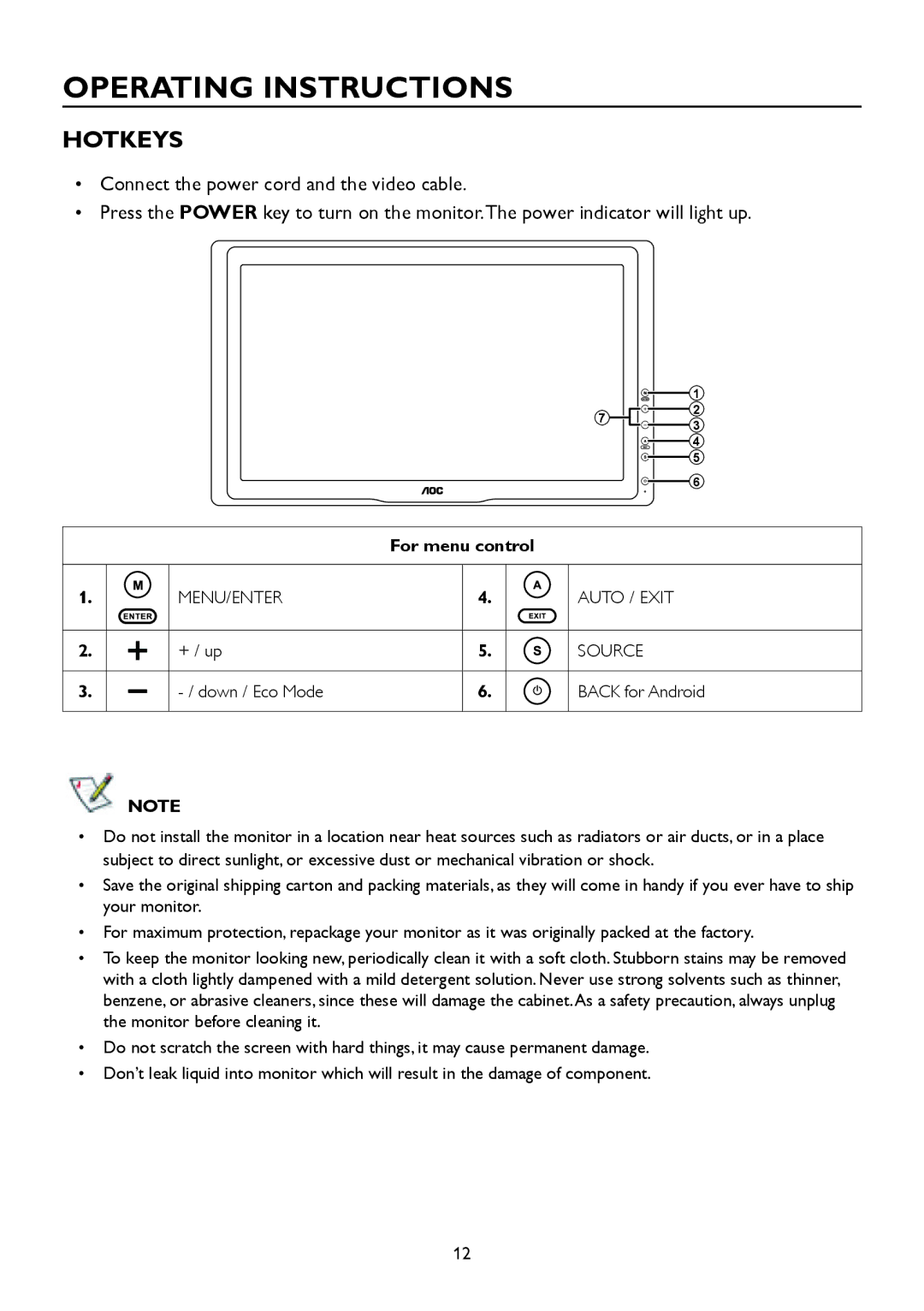 AOC A2258P user manual Operating Instructions, Hotkeys, For menu control 