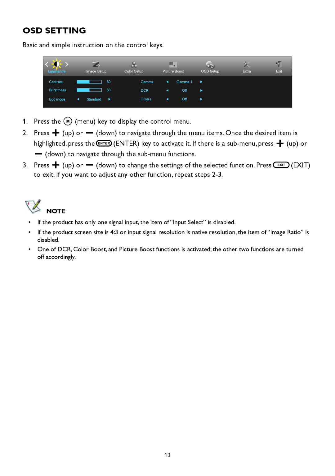 AOC A2258P user manual OSD Setting, Basic and simple instruction on the control keys 