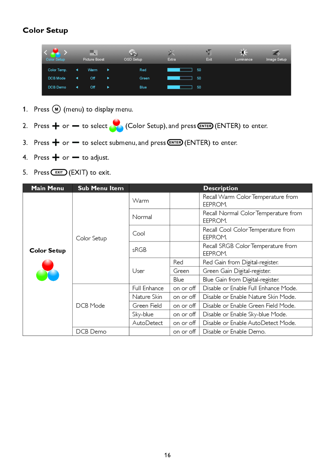 AOC A2258P user manual Color Setup 