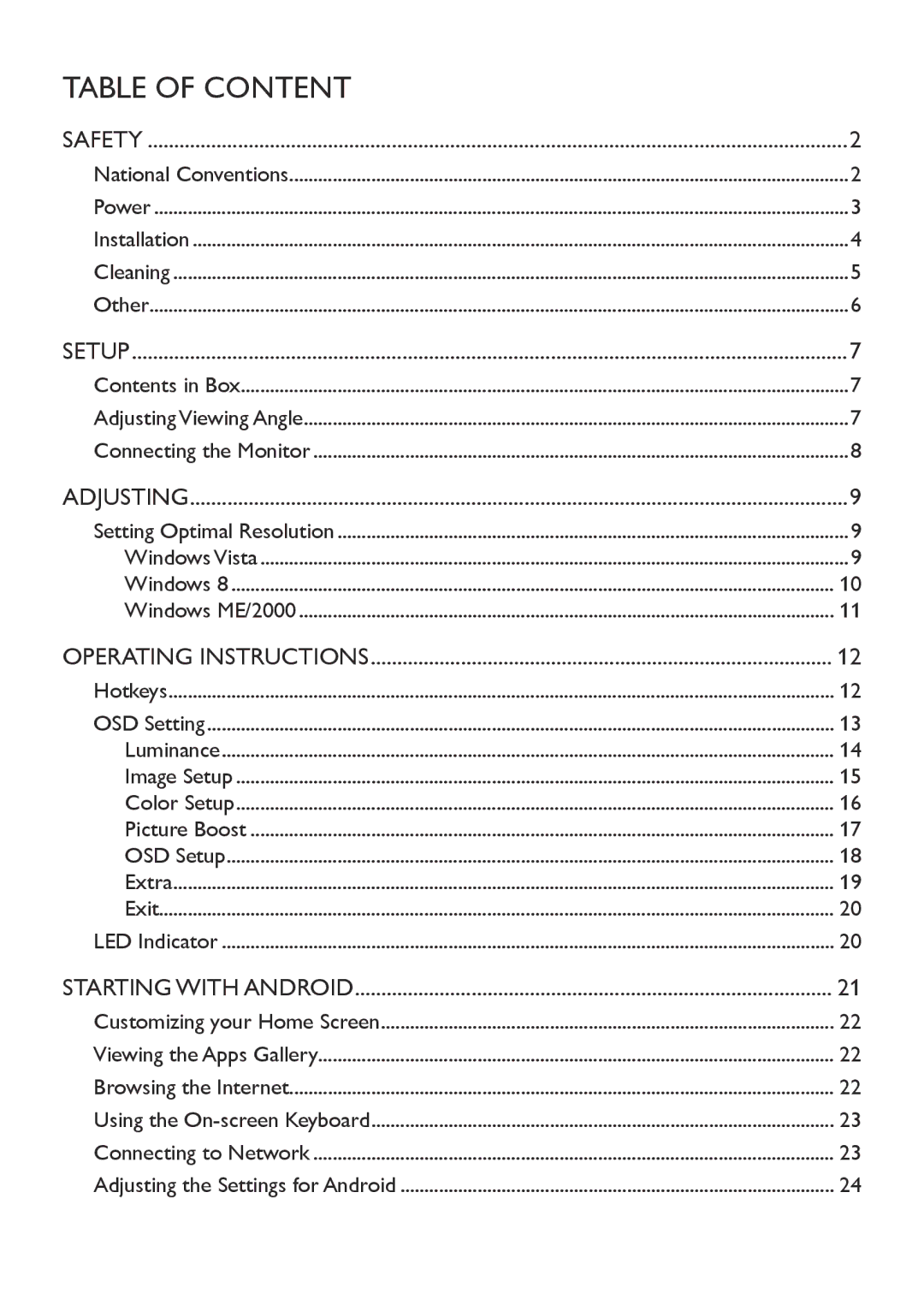 AOC A2258P user manual Table of Content 