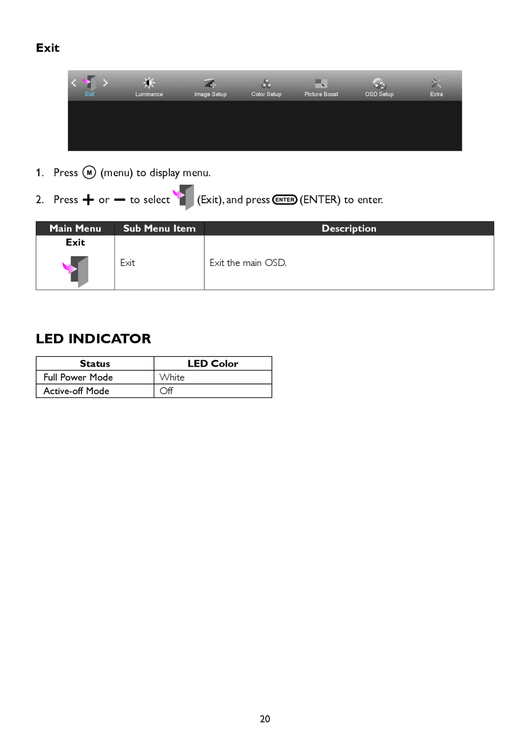 AOC A2258P user manual LED Indicator, Exit, Status LED Color 