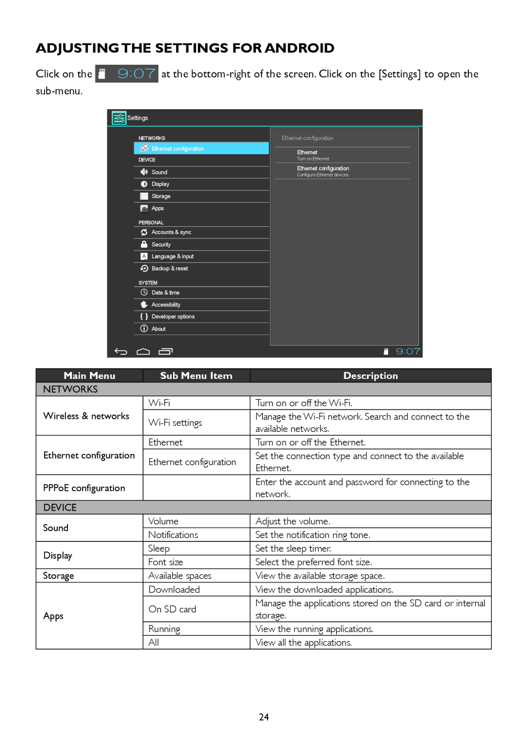 AOC A2258P user manual Adjusting the Settings for Android 