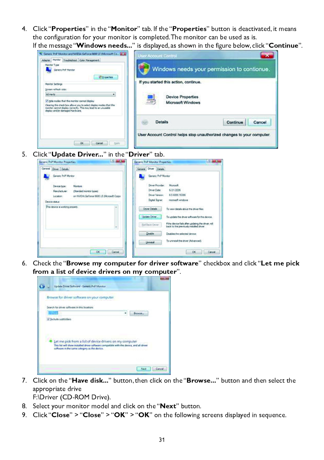 AOC A2258P user manual Click Update Driver... in the Driver tab 