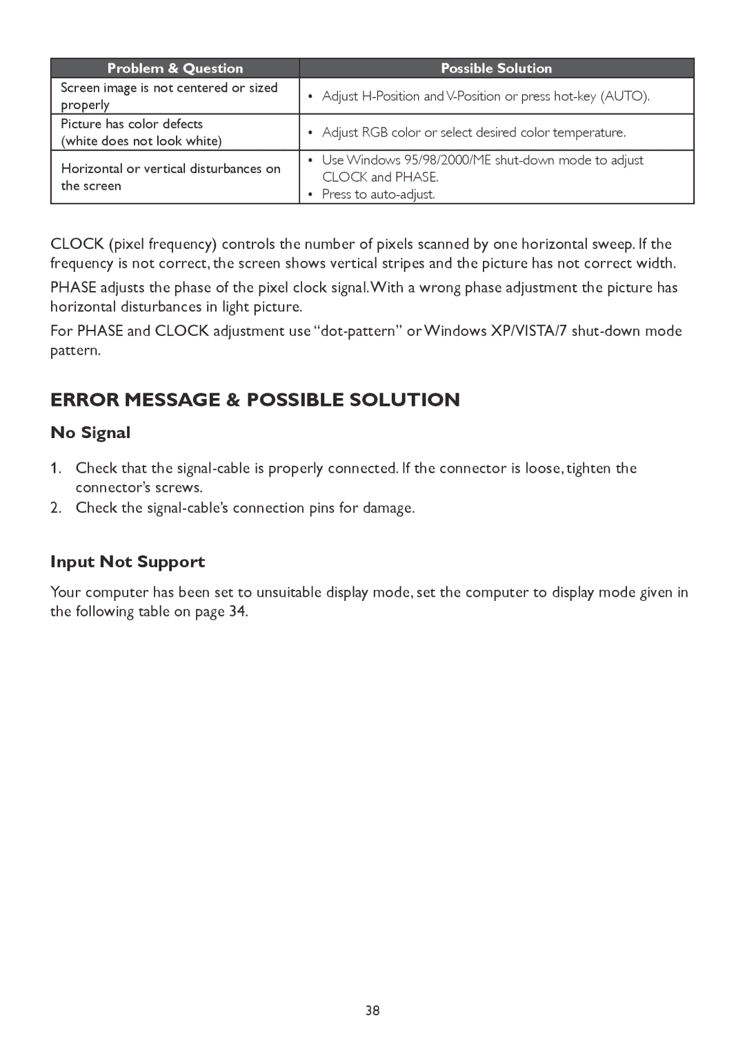 AOC A2258P user manual Error Message & Possible Solution, No Signal, Input Not Support 