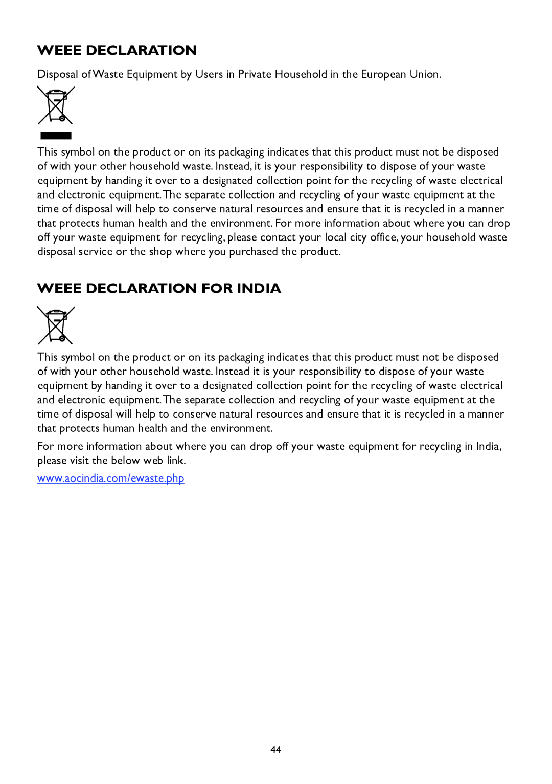 AOC A2258P user manual Weee Declaration for India 