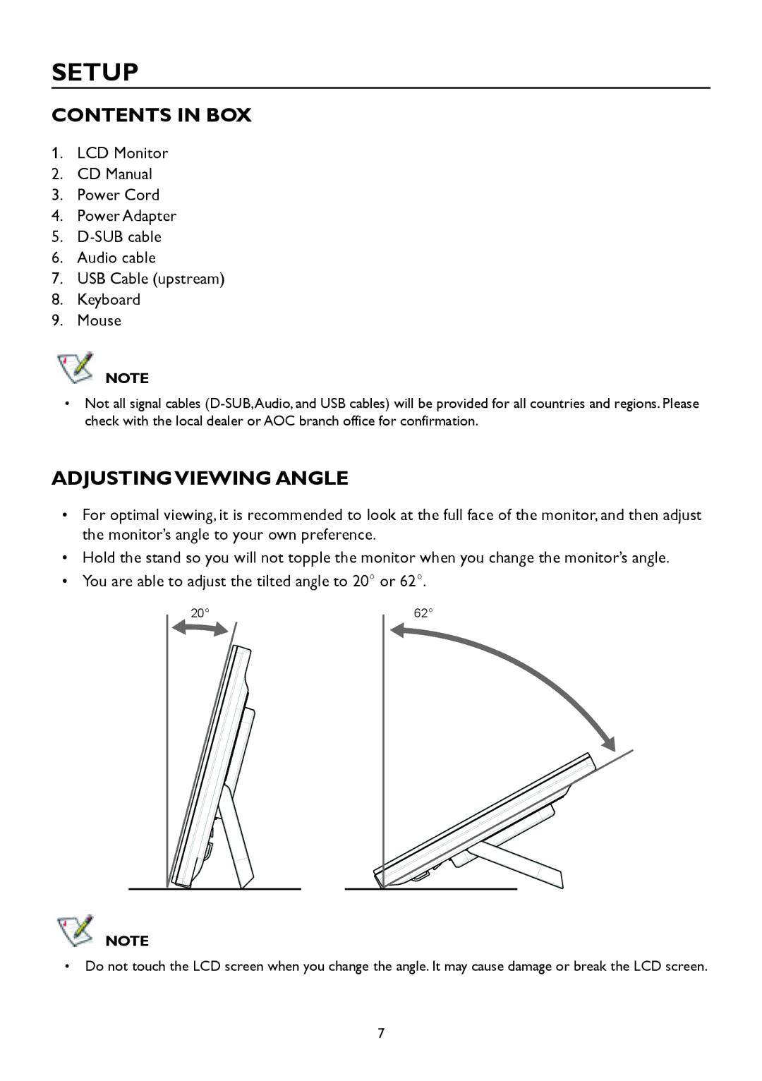 AOC A2258P user manual Setup, Contents in BOX, Adjusting Viewing Angle 