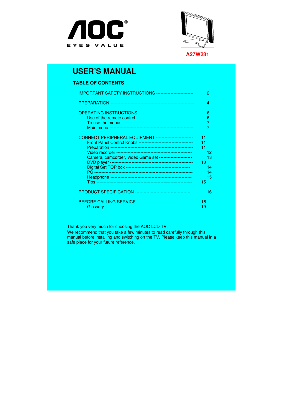 AOC A27W231 user manual USER’S Manual, Table of Contents 