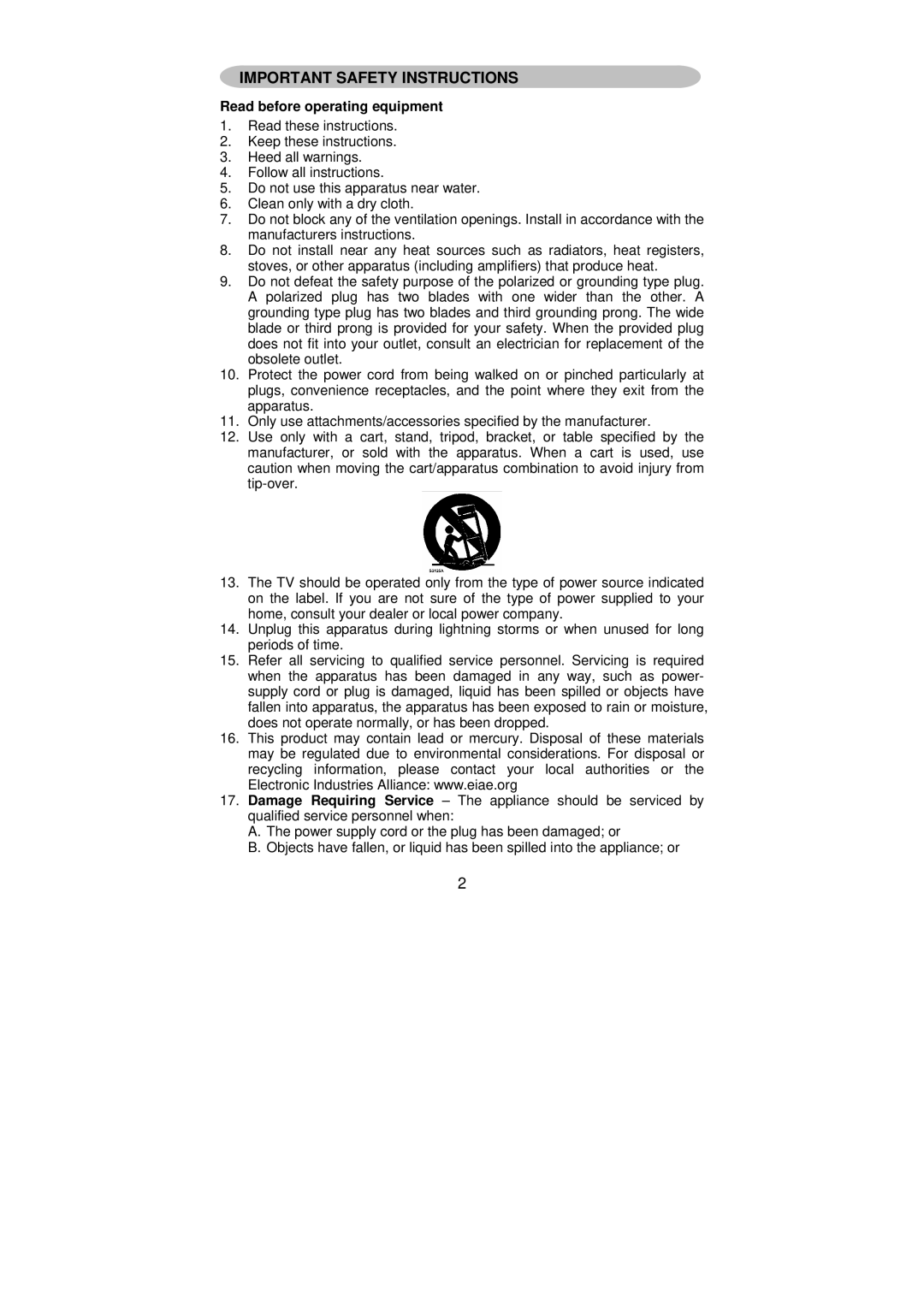 AOC A27W231 user manual Important Safety Instructions, Read before operating equipment 