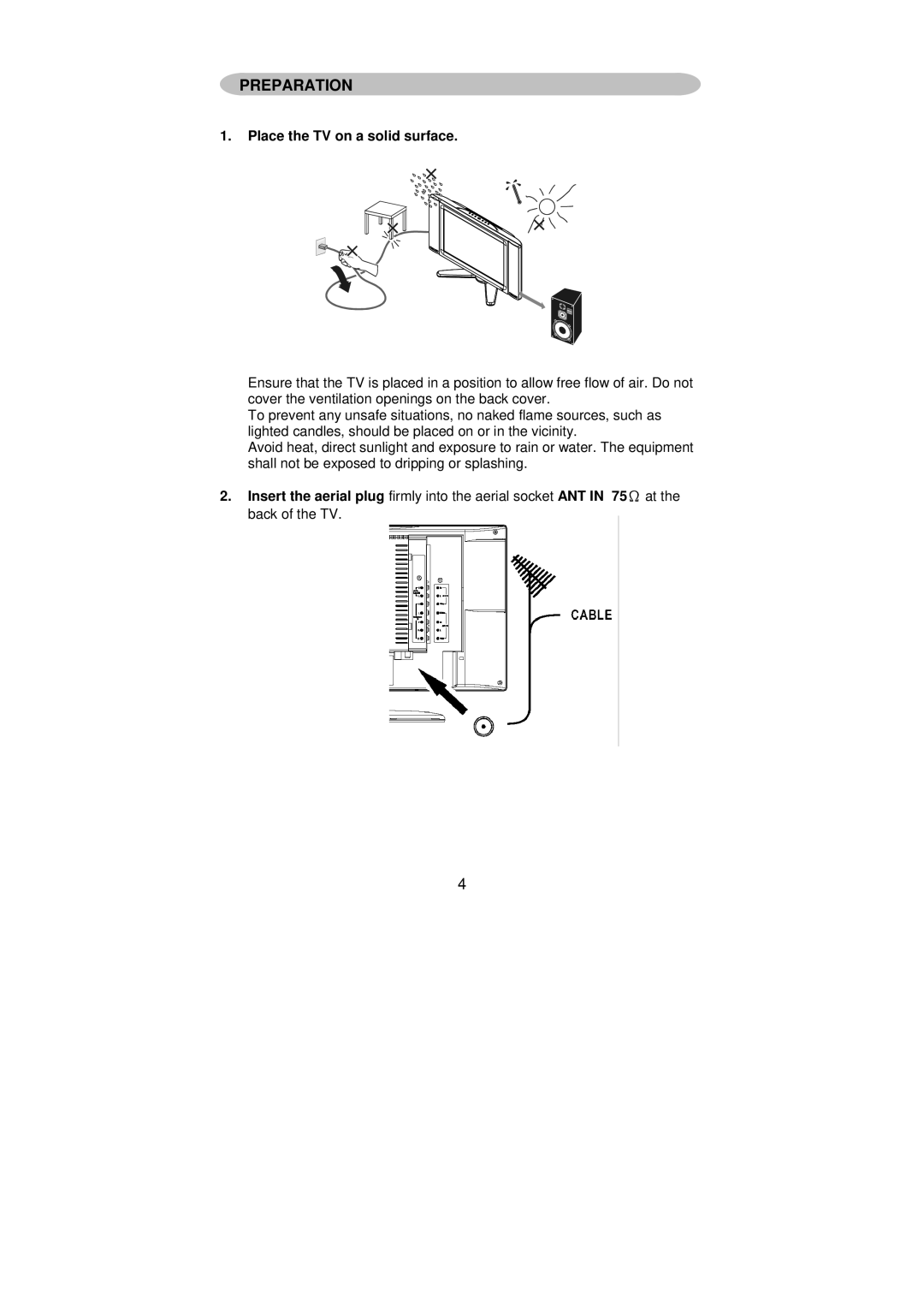 AOC A27W231 user manual Preparation, Place the TV on a solid surface 