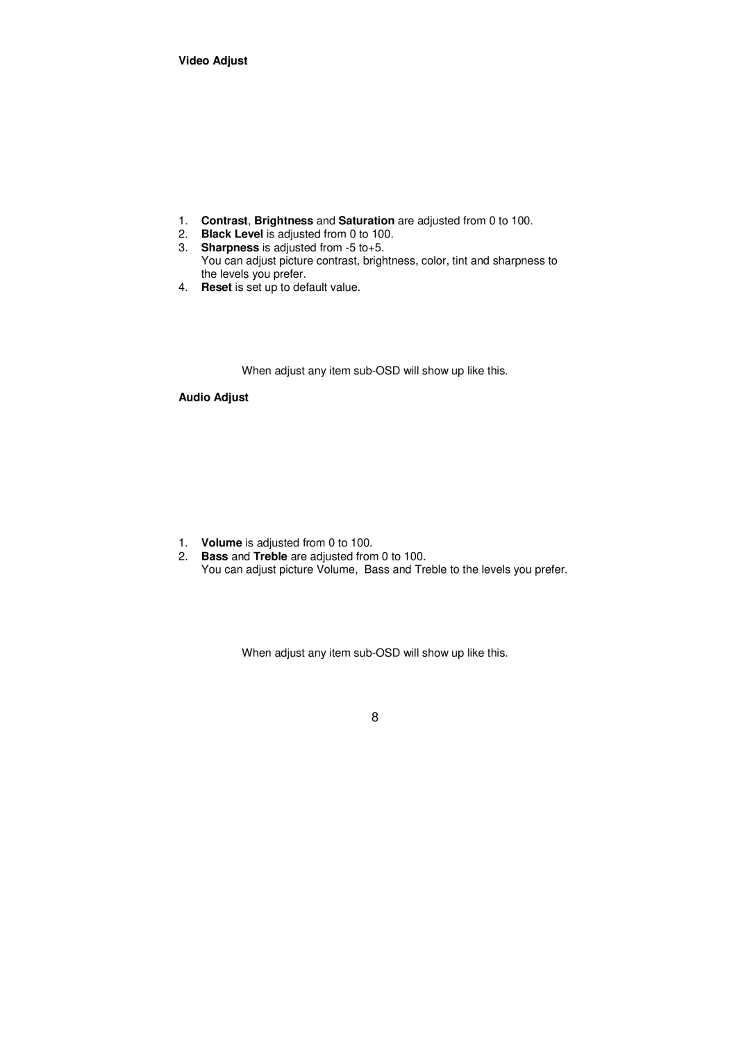 AOC A27W231 user manual Video Adjust, Audio Adjust 