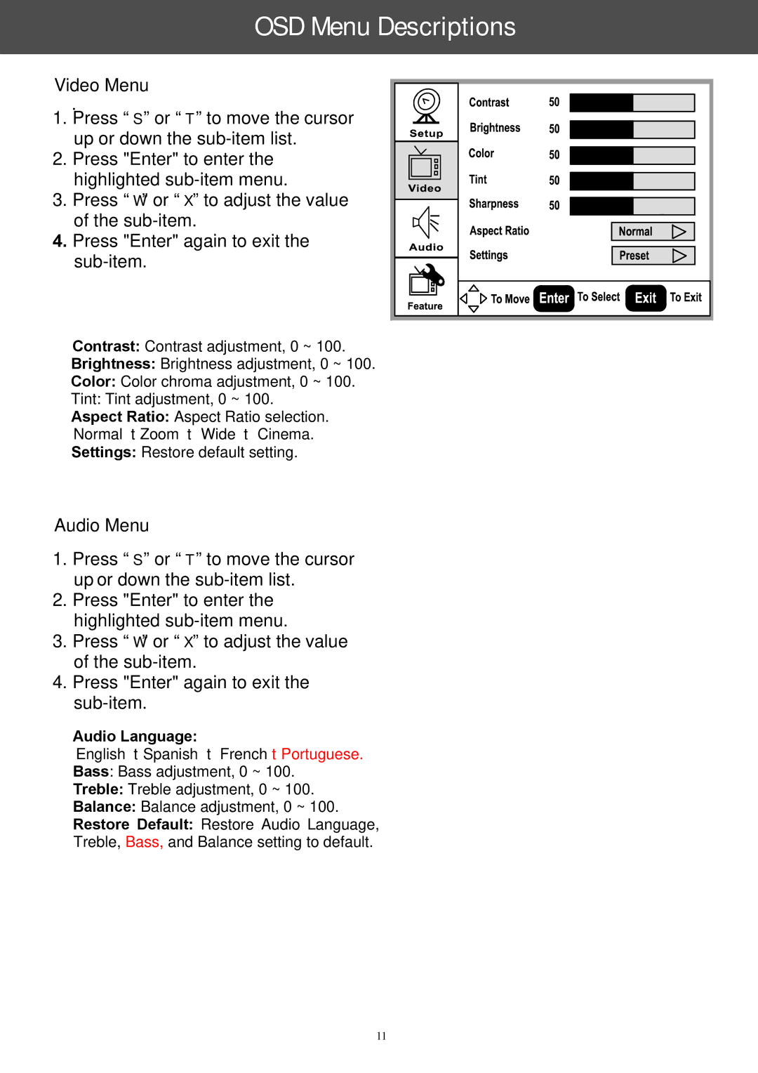 AOC A42W64AT4 user manual OSD Menu Descriptions, Audio Language 