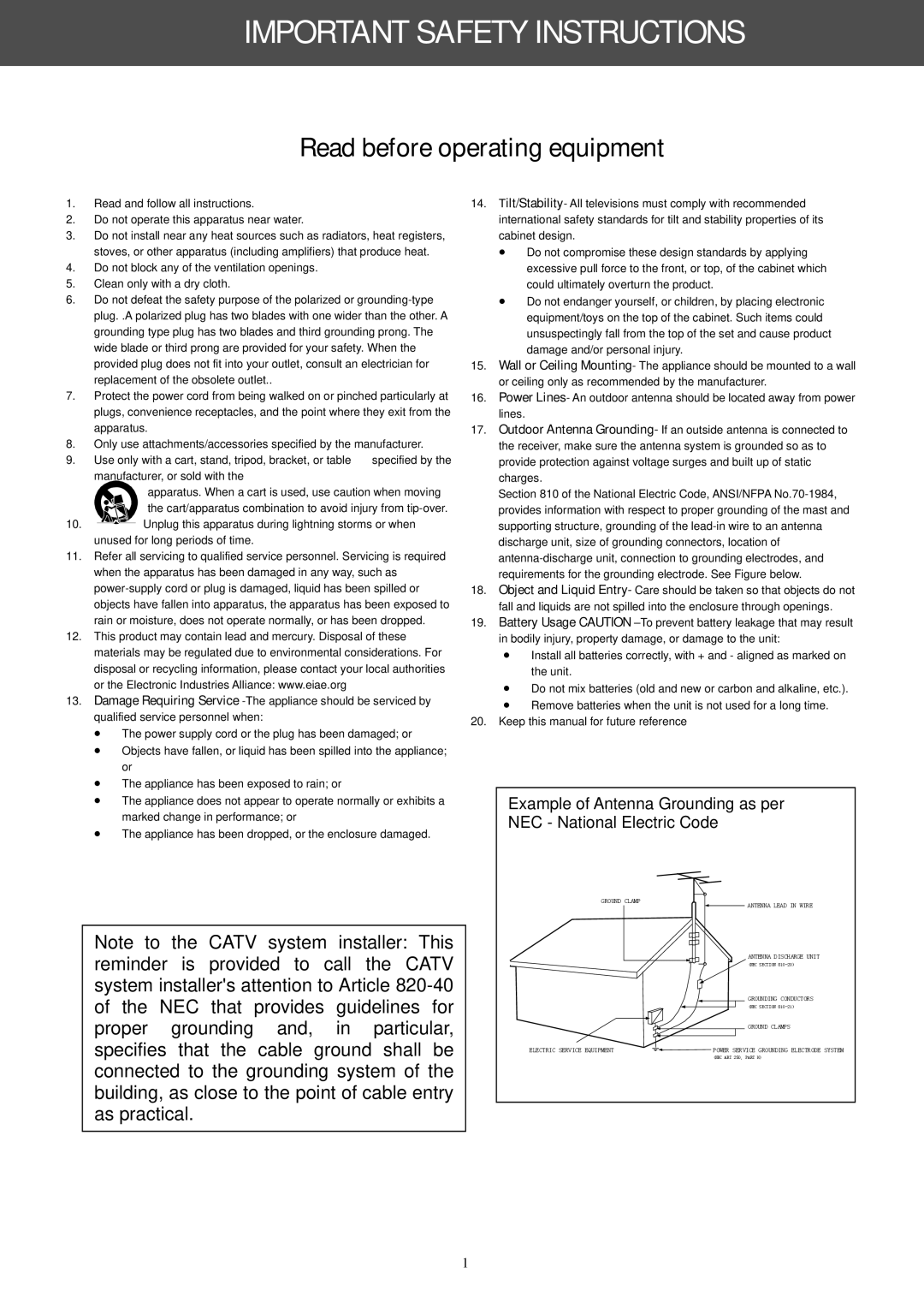 AOC A42W64AT4 user manual Important Safety Instructions 