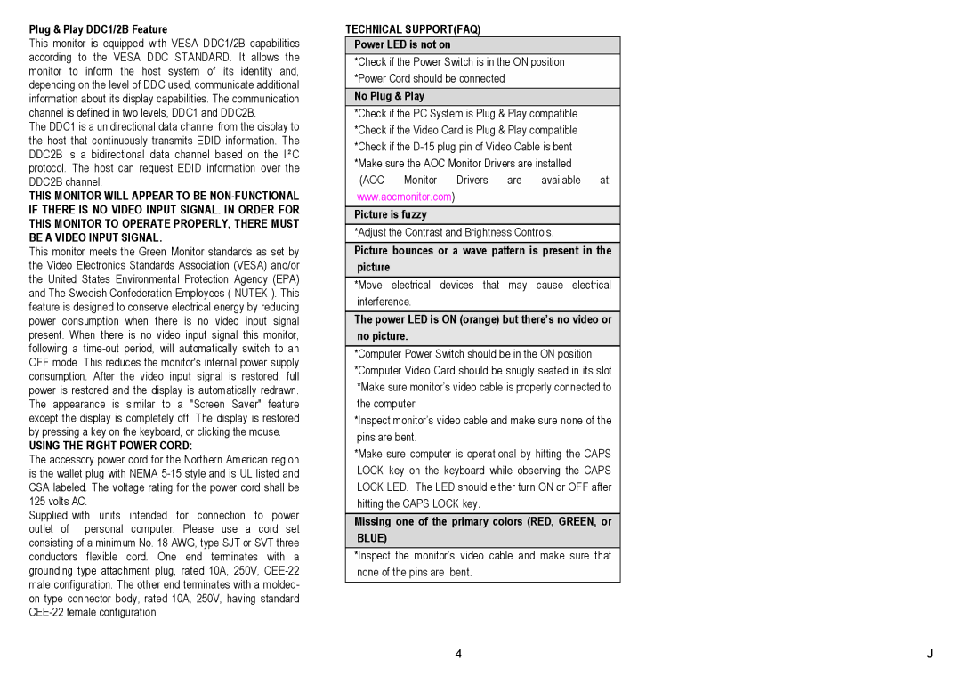 AOC CT500G user manual Technical Supportfaq, DDC2B, If There Video Input SIGNAL. Order, Be a Video Input Signal, Epa, Red 